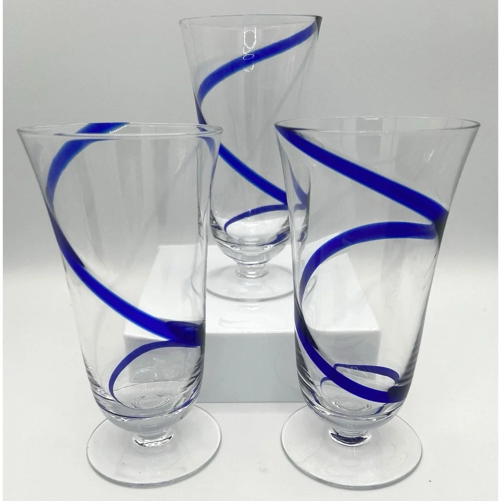 Pier 1 Swirline Cobalt Blue Footed 14 oz Glass Art Glass Set Of 3 Pilsner / Tea